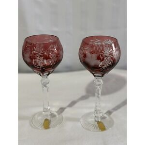 Nachtmann Traube Cranberry Two‎ Wine Hocks Stems Handcut Clear to Lead Crystal